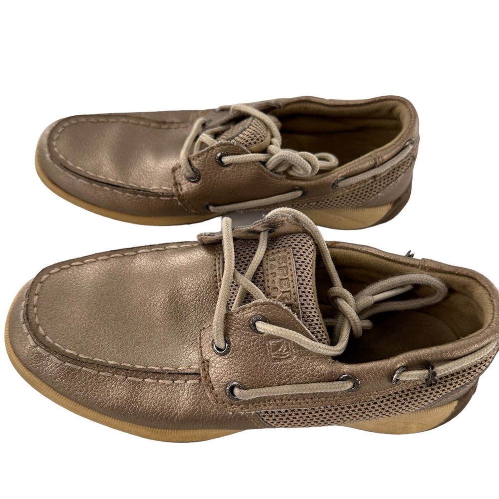 Sperry Top Sider Intrepid Boat Shoes Leather  Girls Pewter Gold Metallic